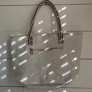 American Eagle Outfitters Cream Canvas Tote with Brown-Striped Handles